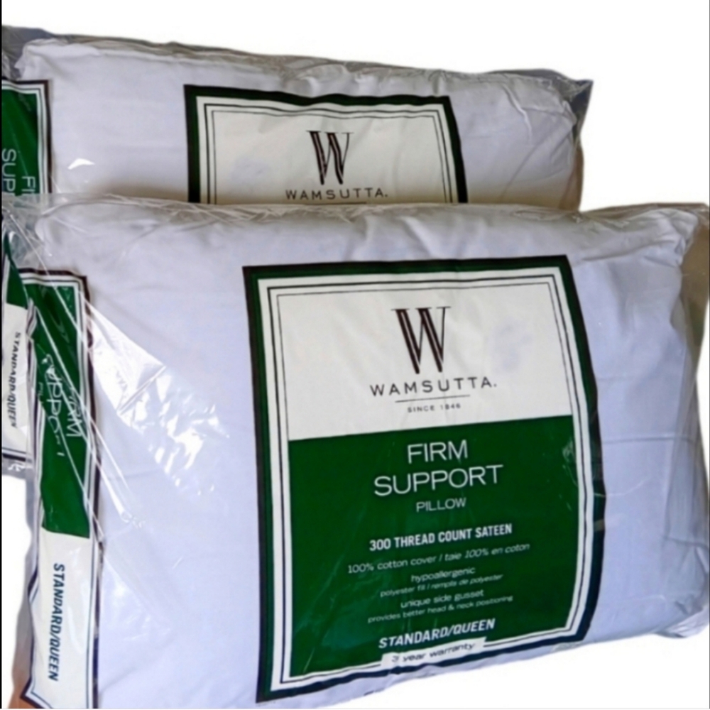 New Wamsutta 300 Thread Count Sateen Firm Support 2 Pillows. Queen/Standard.
